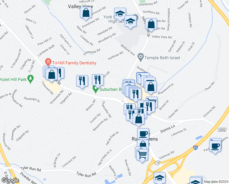 map of restaurants, bars, coffee shops, grocery stores, and more near 2025 South Queen Street in York