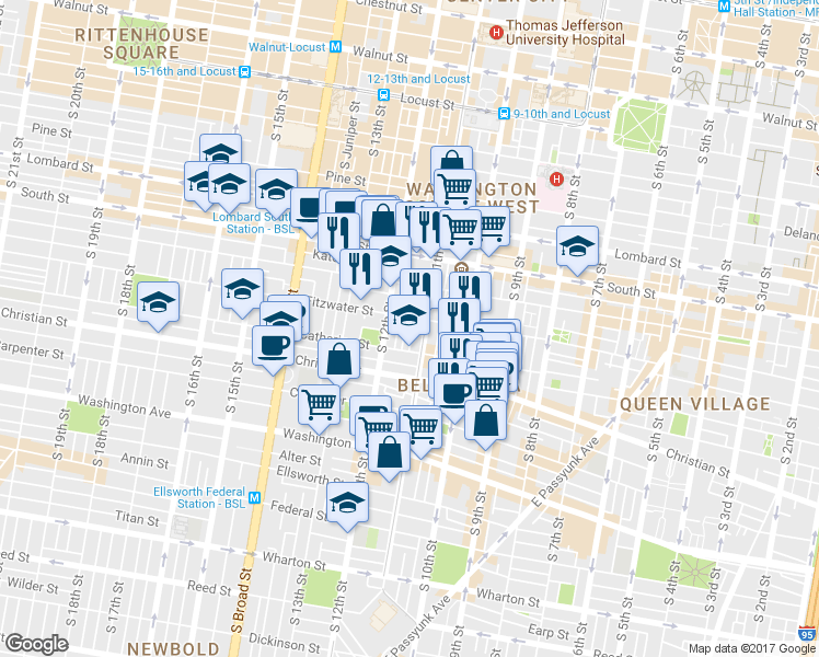 map of restaurants, bars, coffee shops, grocery stores, and more near 749 South Marvine Street in Philadelphia
