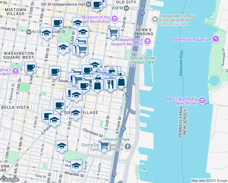map of restaurants, bars, coffee shops, grocery stores, and more near 214 South Street in Philadelphia
