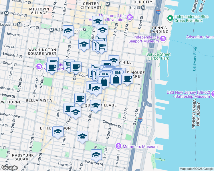 map of restaurants, bars, coffee shops, grocery stores, and more near 310 Bainbridge Street in Philadelphia