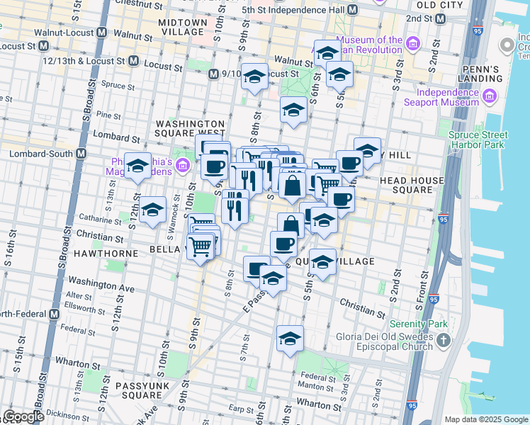 map of restaurants, bars, coffee shops, grocery stores, and more near 728 South 7th Street in Philadelphia