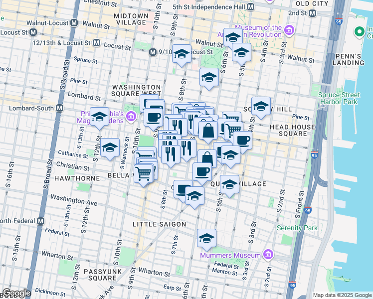 map of restaurants, bars, coffee shops, grocery stores, and more near 705-11 Pemberton Street in Philadelphia