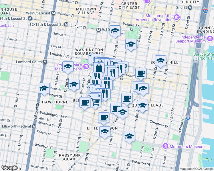 map of restaurants, bars, coffee shops, grocery stores, and more near 736 South 8th Street in Philadelphia