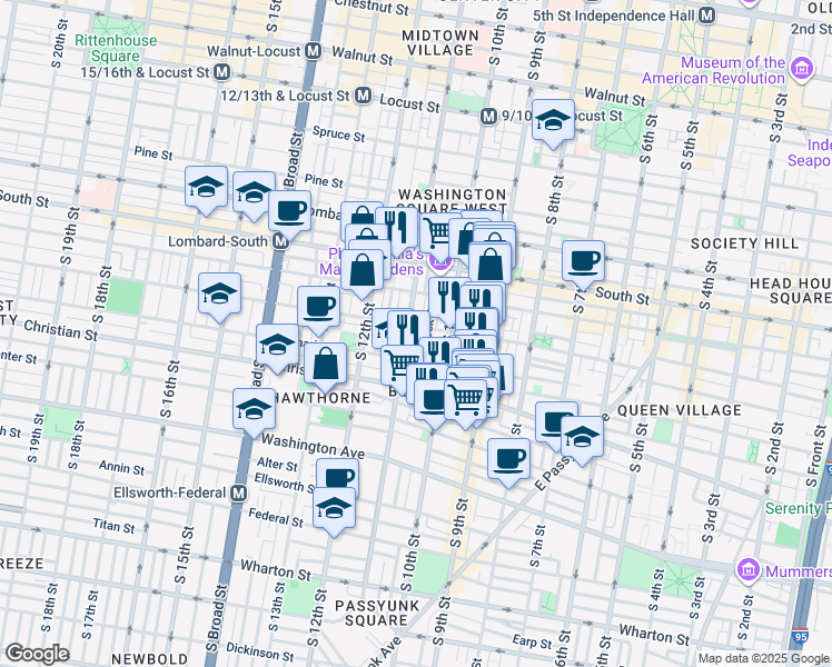 map of restaurants, bars, coffee shops, grocery stores, and more near 755 South 11th Street in Philadelphia