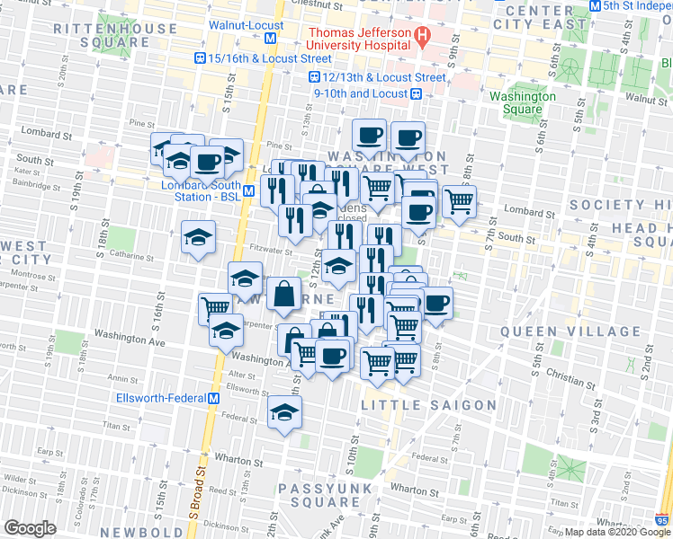map of restaurants, bars, coffee shops, grocery stores, and more near 1131 Catharine Street in Philadelphia