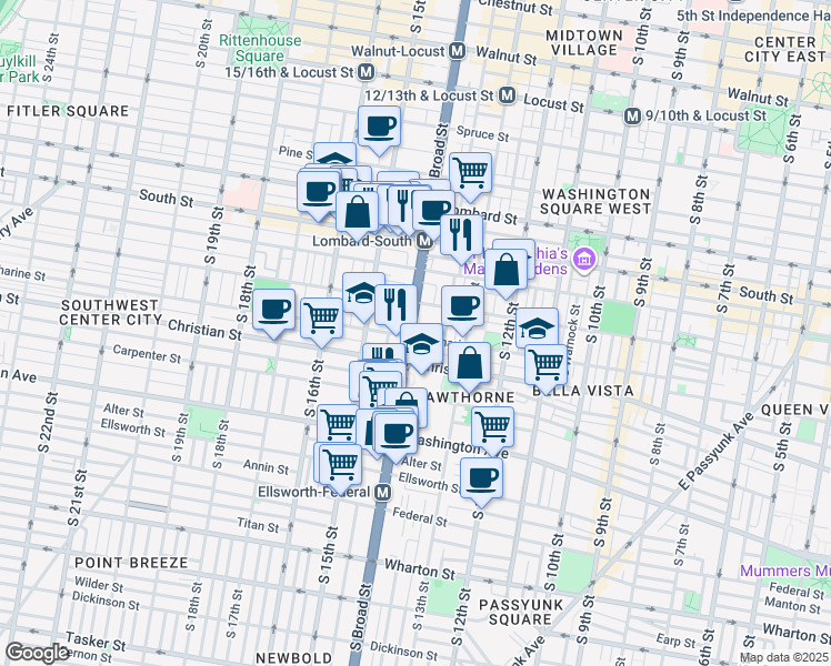 map of restaurants, bars, coffee shops, grocery stores, and more near 800 South Broad Street in Philadelphia