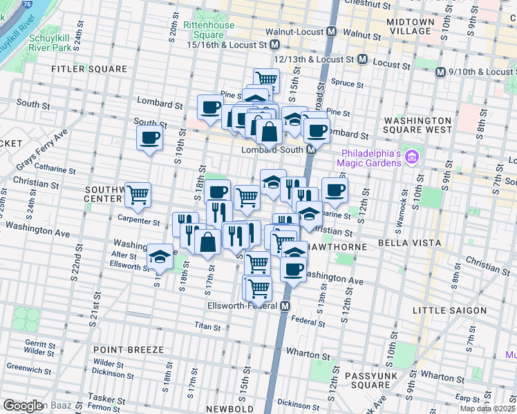 map of restaurants, bars, coffee shops, grocery stores, and more near 1601 Christian Street in Philadelphia