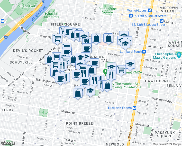 map of restaurants, bars, coffee shops, grocery stores, and more near 1928 Montrose Street in Philadelphia