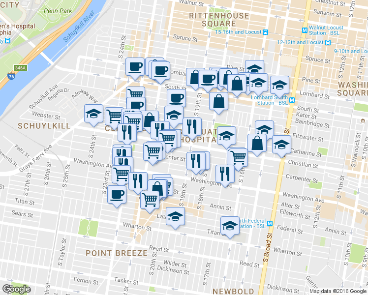 map of restaurants, bars, coffee shops, grocery stores, and more near 1928 Montrose Street in Philadelphia