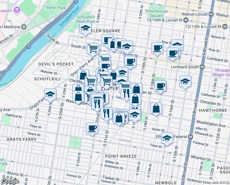 map of restaurants, bars, coffee shops, grocery stores, and more near 2021 Carpenter Street in Philadelphia