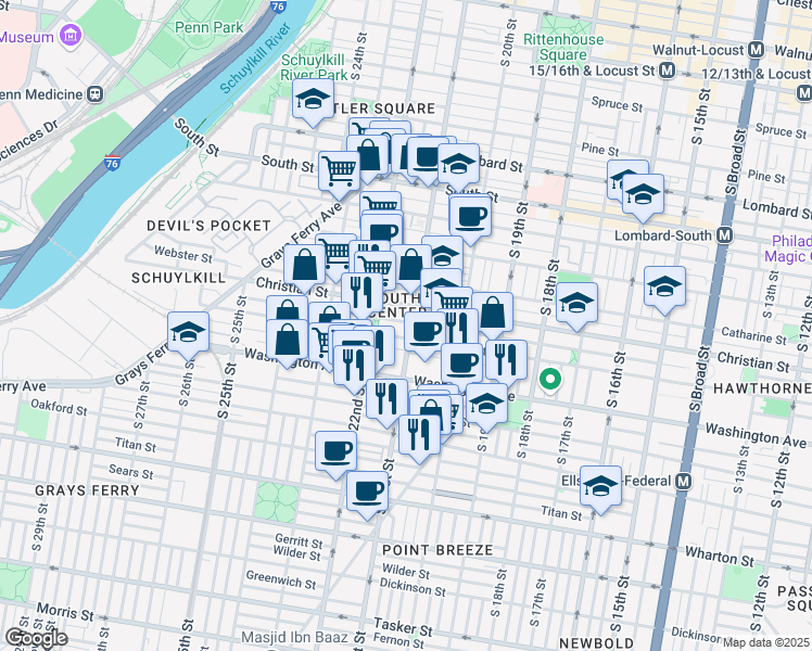 map of restaurants, bars, coffee shops, grocery stores, and more near 2120 Montrose Street in Philadelphia