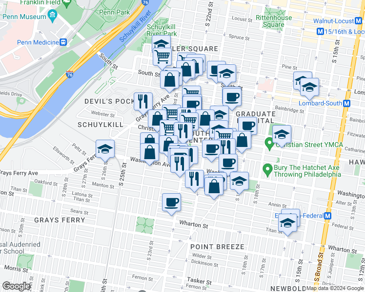 map of restaurants, bars, coffee shops, grocery stores, and more near 2202 Montrose Street in Philadelphia