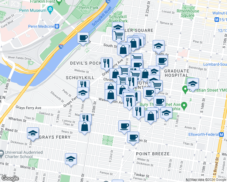 map of restaurants, bars, coffee shops, grocery stores, and more near 1014 South 24th Street in Philadelphia