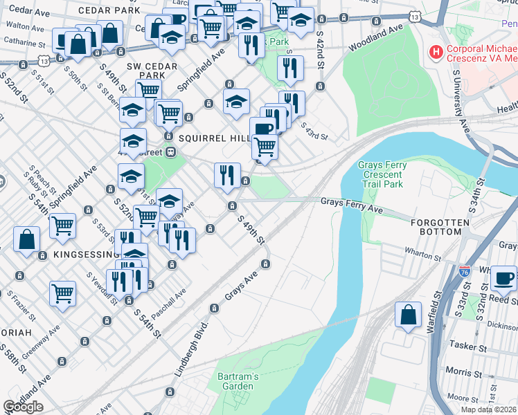 map of restaurants, bars, coffee shops, grocery stores, and more near 4830 Woodland Avenue in Philadelphia