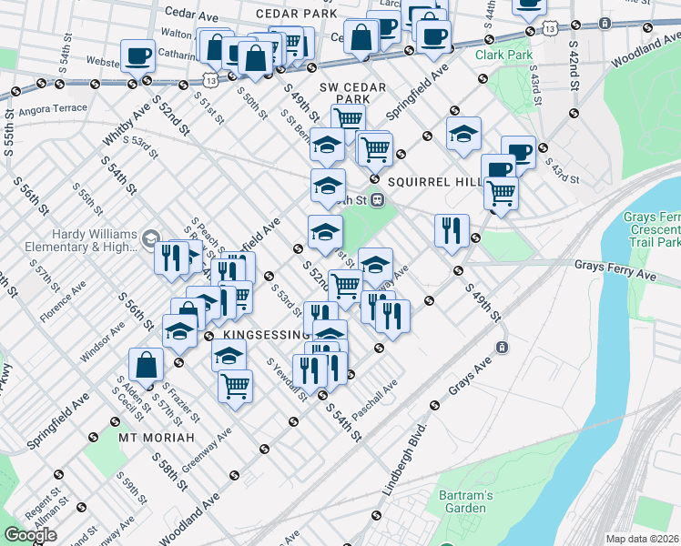 map of restaurants, bars, coffee shops, grocery stores, and more near 1333 South Paxon Street in Philadelphia