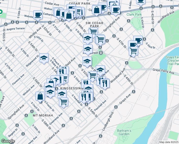 map of restaurants, bars, coffee shops, grocery stores, and more near 5119 Kingsessing Avenue in Philadelphia