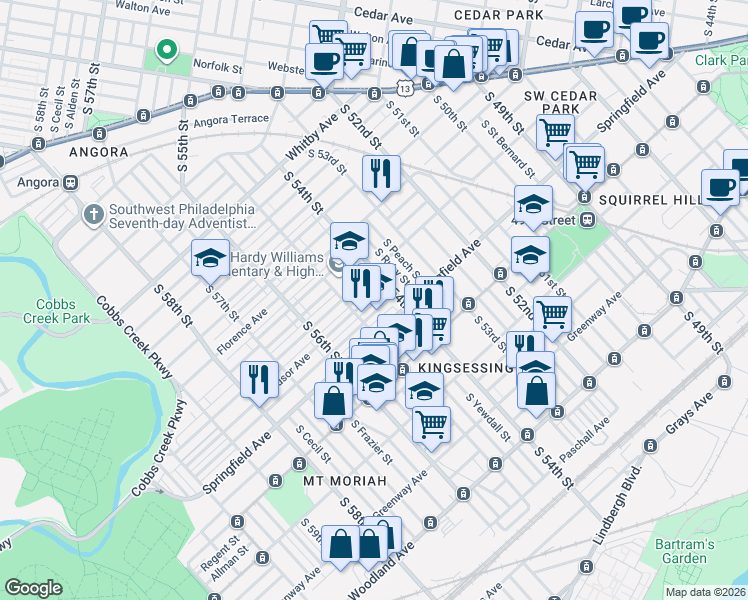 map of restaurants, bars, coffee shops, grocery stores, and more near 5424 Belmar Street in Philadelphia