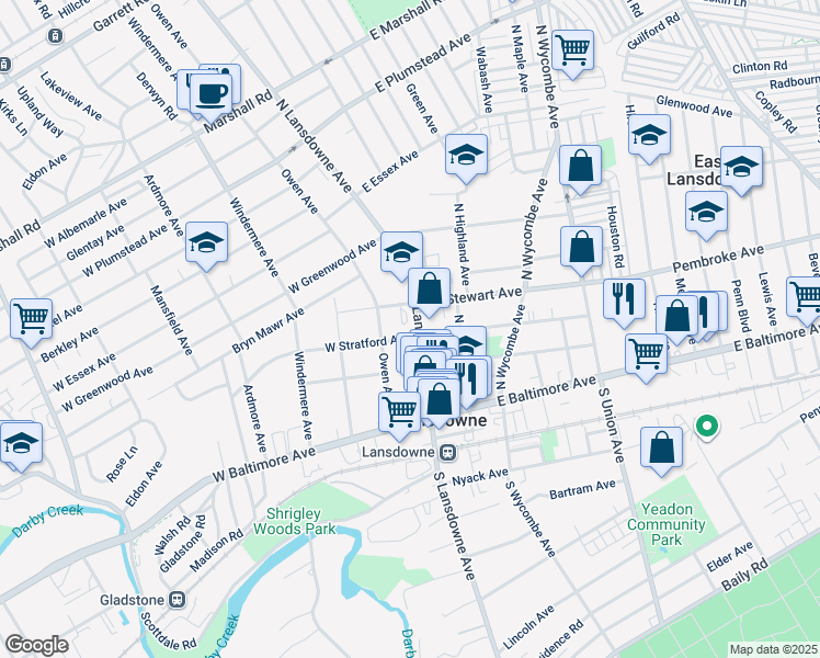 map of restaurants, bars, coffee shops, grocery stores, and more near 58 North Lansdowne Avenue in Lansdowne