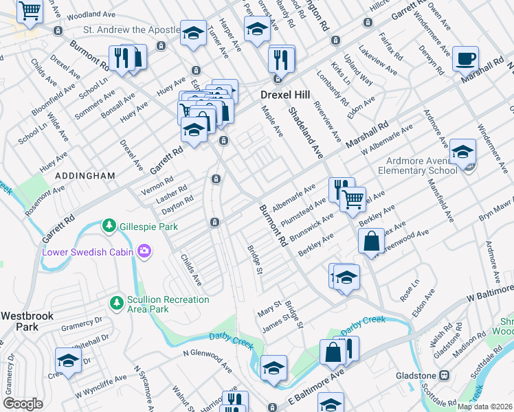 map of restaurants, bars, coffee shops, grocery stores, and more near 3815 Albemarle Avenue in Drexel Hill