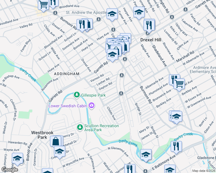 map of restaurants, bars, coffee shops, grocery stores, and more near 4037 Ellendale Road in Drexel Hill