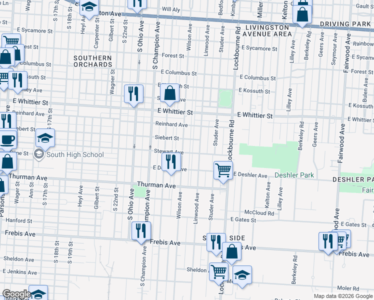 map of restaurants, bars, coffee shops, grocery stores, and more near 1218 Wilson Avenue in Columbus