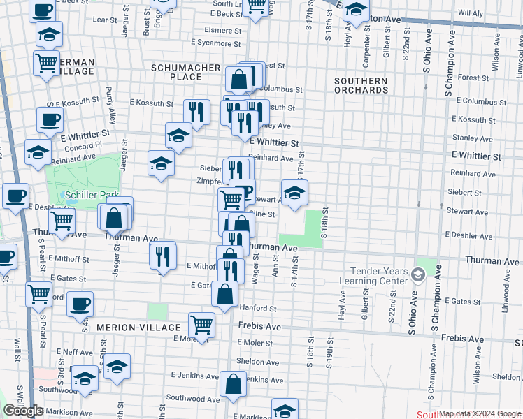 map of restaurants, bars, coffee shops, grocery stores, and more near 545 Cline Street in Columbus