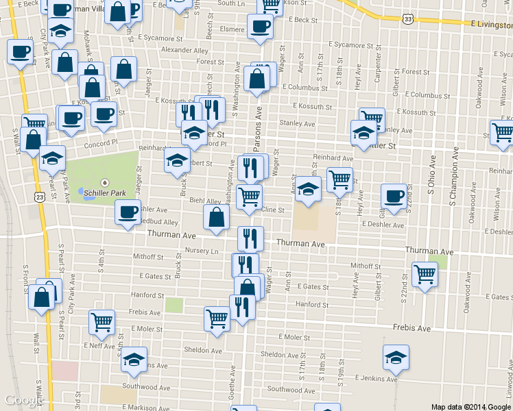 map of restaurants, bars, coffee shops, grocery stores, and more near 1132 Parsons Avenue in Columbus