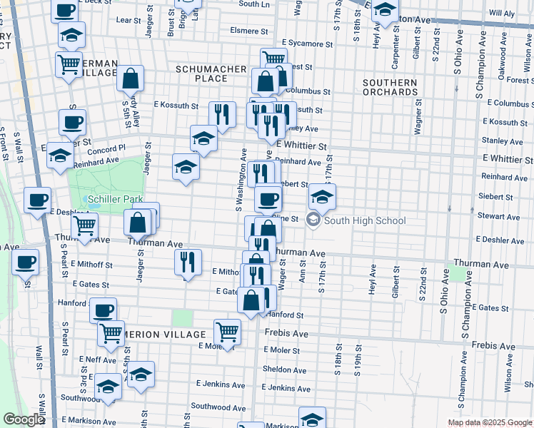 map of restaurants, bars, coffee shops, grocery stores, and more near 1134 Parsons Avenue in Columbus