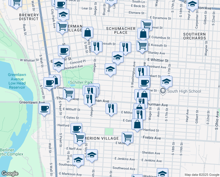 map of restaurants, bars, coffee shops, grocery stores, and more near 313 East Deshler Avenue in Columbus