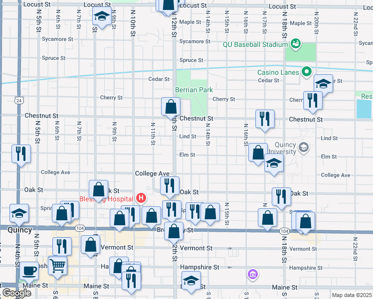 map of restaurants, bars, coffee shops, grocery stores, and more near 1300-1304 Elm Street in Quincy