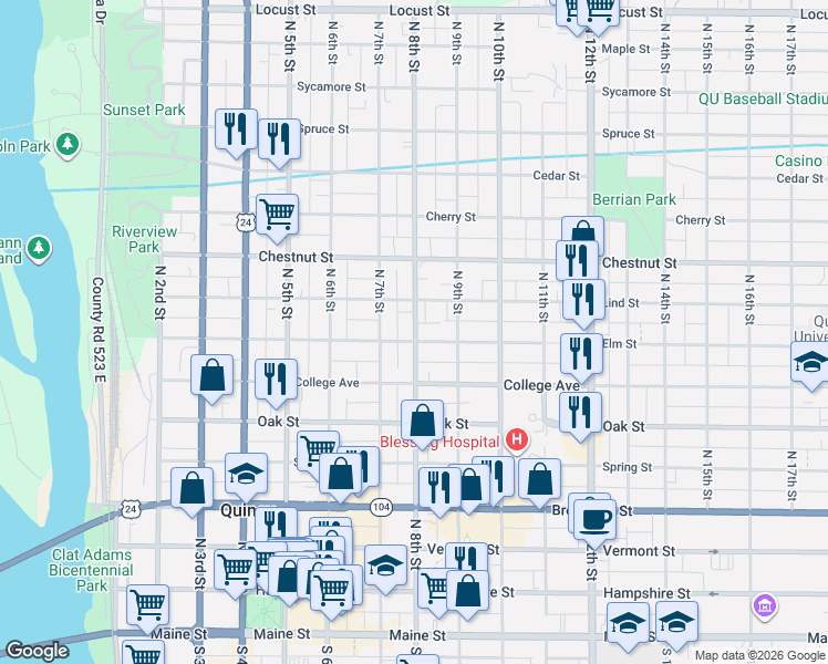 map of restaurants, bars, coffee shops, grocery stores, and more near 700-798 Elm Street in Quincy