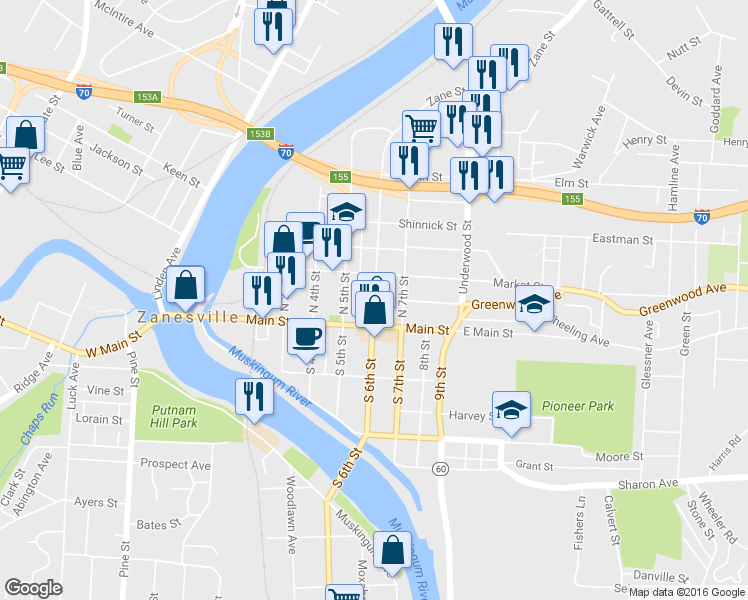 map of restaurants, bars, coffee shops, grocery stores, and more near 49 North 6th Street in Zanesville