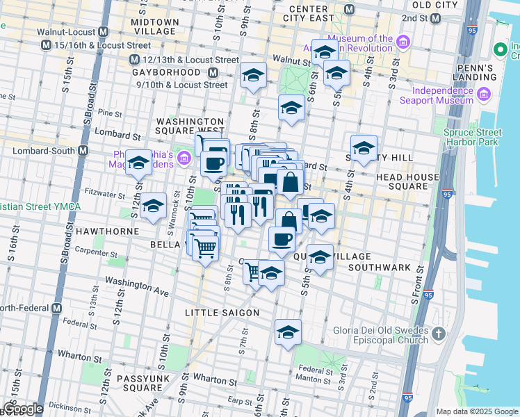 map of restaurants, bars, coffee shops, grocery stores, and more near 705-11 Pemberton Street in Philadelphia