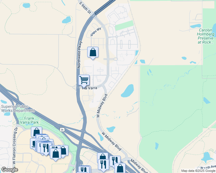 map of restaurants, bars, coffee shops, grocery stores, and more near 13456 Via Varra in Broomfield