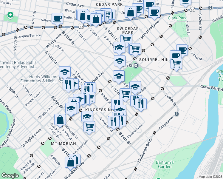 map of restaurants, bars, coffee shops, grocery stores, and more near 1323 South Lindenwood Street in Philadelphia