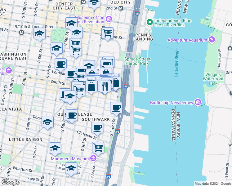 map of restaurants, bars, coffee shops, grocery stores, and more near 110 South Street in Philadelphia