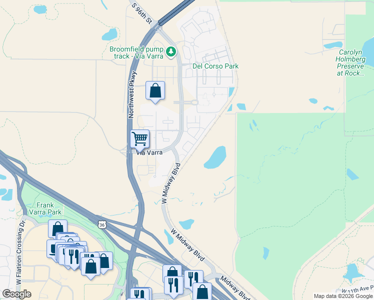 map of restaurants, bars, coffee shops, grocery stores, and more near 13410 Via Varra in Broomfield