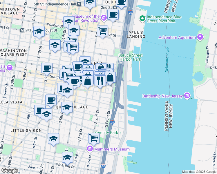 map of restaurants, bars, coffee shops, grocery stores, and more near 118 South Street in Philadelphia