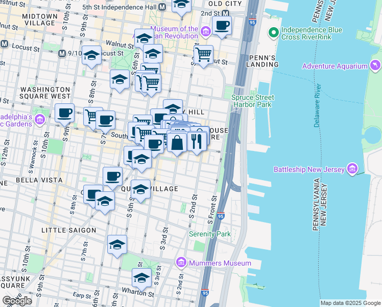 map of restaurants, bars, coffee shops, grocery stores, and more near 223 Head House Court in Philadelphia