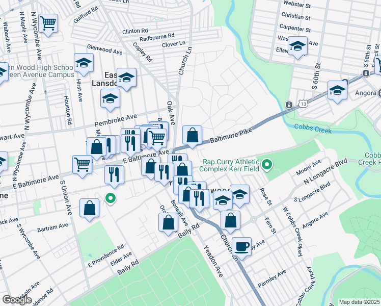 map of restaurants, bars, coffee shops, grocery stores, and more near 5 Oxford Street in Lansdowne