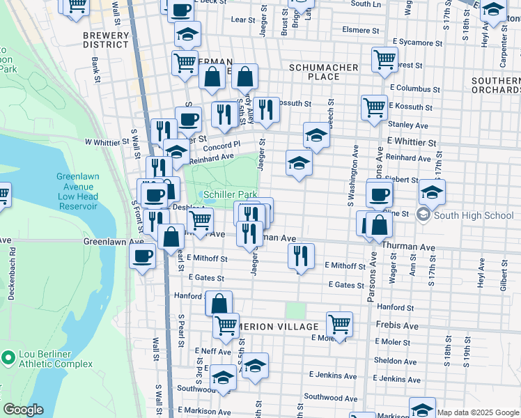 map of restaurants, bars, coffee shops, grocery stores, and more near 217 East Deshler Avenue in Columbus