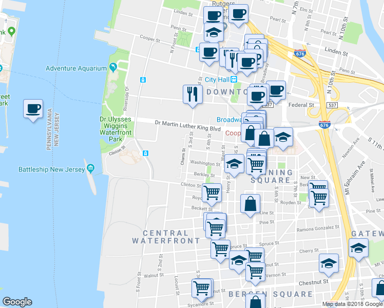 map of restaurants, bars, coffee shops, grocery stores, and more near 406 South 3rd Street in Camden