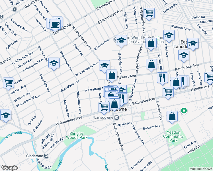 map of restaurants, bars, coffee shops, grocery stores, and more near 82 North Lansdowne Avenue in Lansdowne