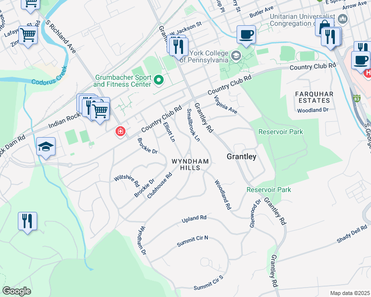 map of restaurants, bars, coffee shops, grocery stores, and more near 1074 Wyndham Drive in York