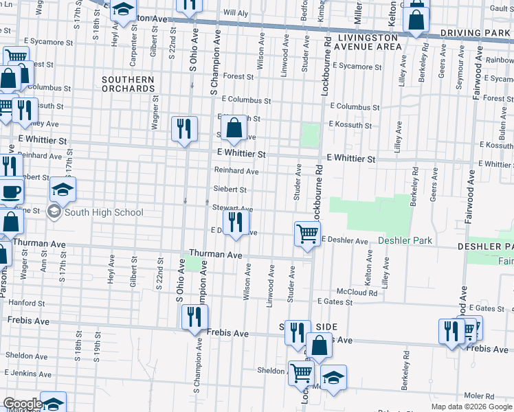 map of restaurants, bars, coffee shops, grocery stores, and more near 1218 Wilson Avenue in Columbus