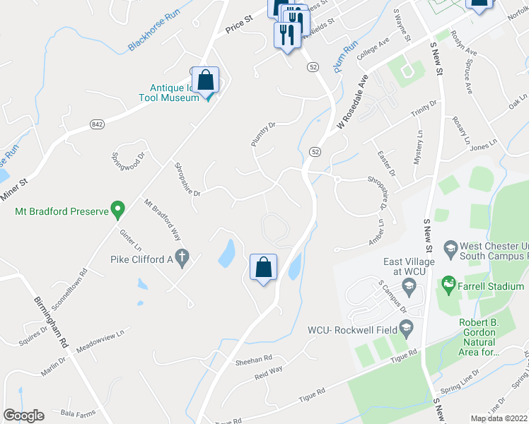 map of restaurants, bars, coffee shops, grocery stores, and more near 446 Lake George Circle in West Chester