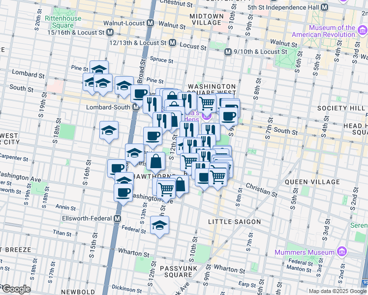 map of restaurants, bars, coffee shops, grocery stores, and more near 749 South Marvine Street in Philadelphia