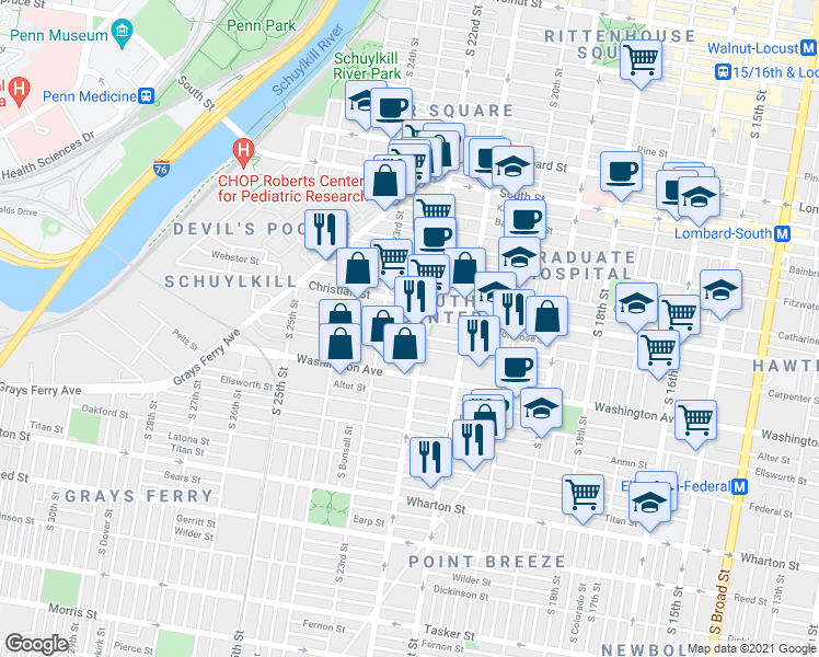map of restaurants, bars, coffee shops, grocery stores, and more near 2215 Carpenter Street in Philadelphia