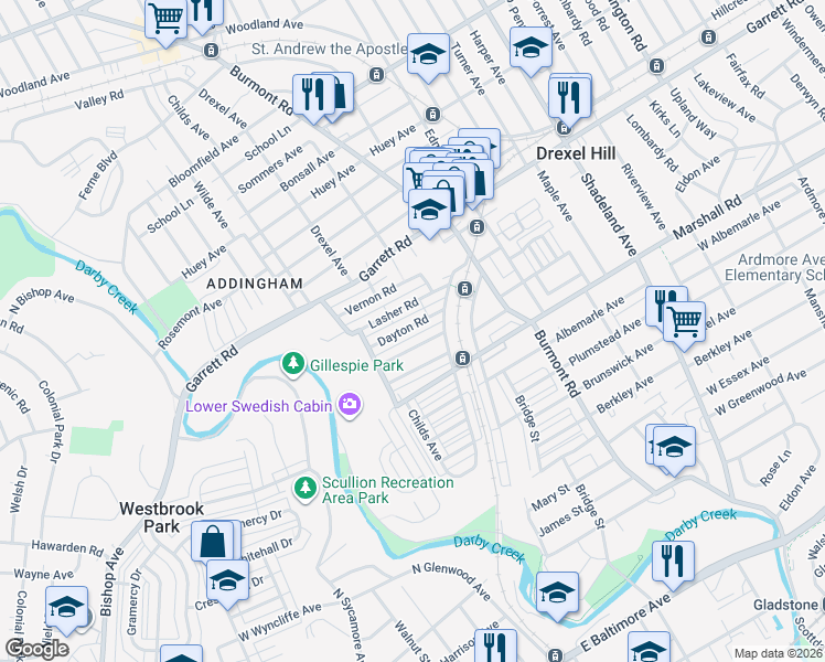 map of restaurants, bars, coffee shops, grocery stores, and more near 4037 Ellendale Road in Drexel Hill
