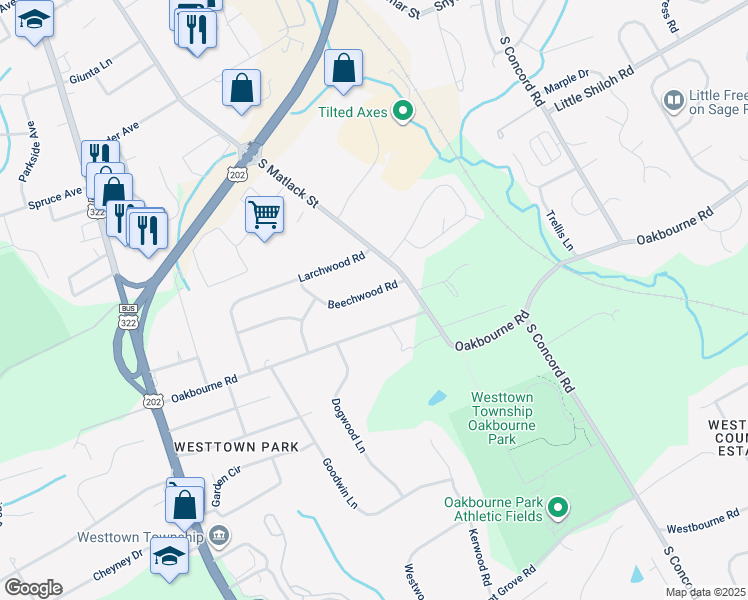 map of restaurants, bars, coffee shops, grocery stores, and more near 400 Beechwood Road in West Chester
